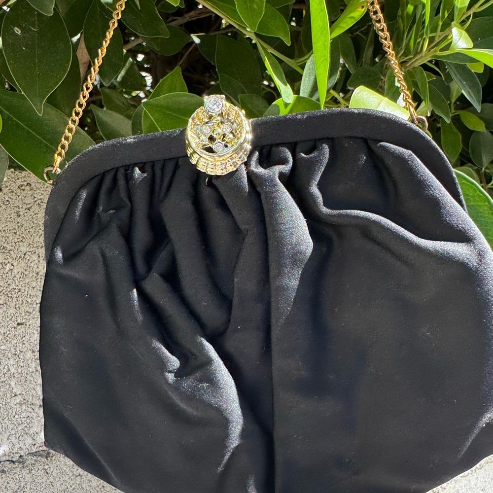 Vintage Black Evening Clutch with Gold Chain and Decorative Clasp - Picture 2 of 6